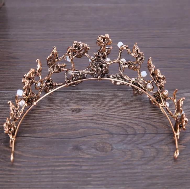 Fleur en bronze, ornements de couronne en forme de diamant, perle en alliage, magnifique couvre-chef de mariée.