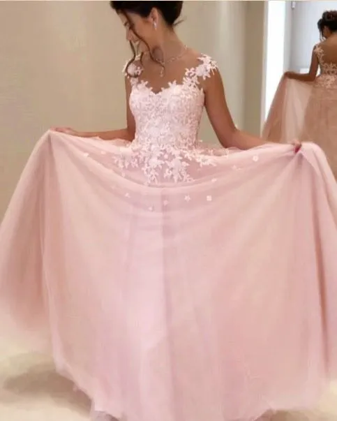 Robes de bal rose bébé pas cher 2021 Appliques Lace A Line Tulle Long Robes Party Evenol Cocktail Forme Dress7309905