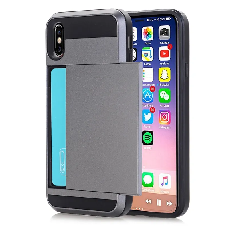 Personaliseer Slide Credit Card Slot Houder Telefoon Case voor iPhone XS MAX XR 7 6 8 Plus X Case Dual Armor Silicone Coque