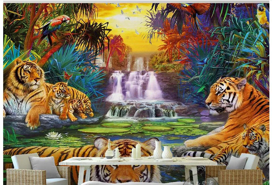 papel de parede 3D Custom Photo mural Wallpaper Mediterranean tropical forest waterfall forest king tiger parrot background wall home decor