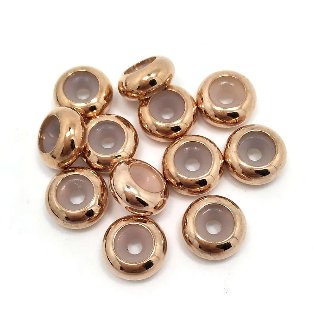 20 piezas, cuentas de tapón de goma con inserto de acero inoxidable de color oro plateado y oro rosa, aptas para pulsera europea DIY de 3mm, joyería