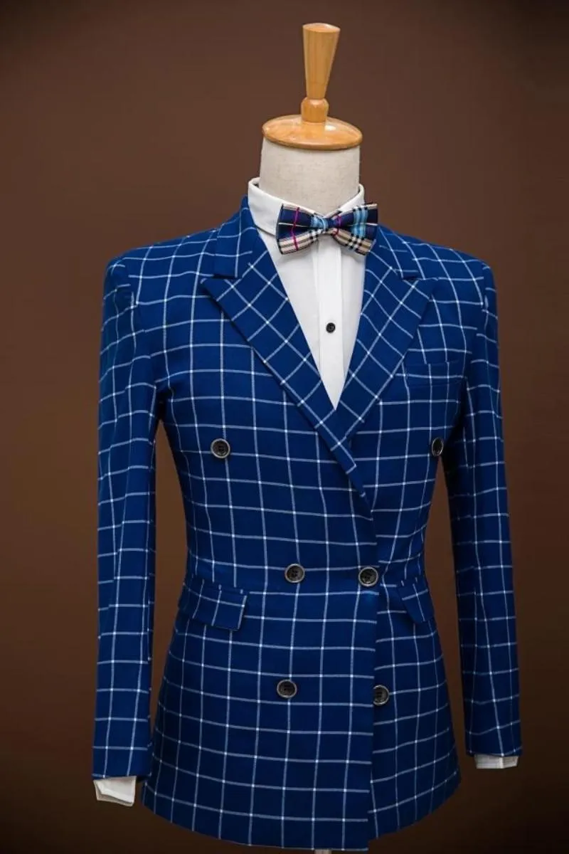 Klassieke Handsom Checker Double Breasted Groom Tuxedos Coat met Broeken Mannen Business Past (Jacket + Pants + Strikje) J878