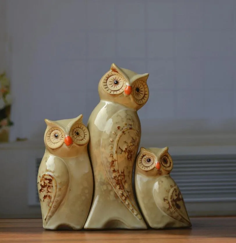 3pc gul familj uggla coruja ceramica uggla figurer heminredning keramiska hantverk hantverk rum dekoration porslin djur figur