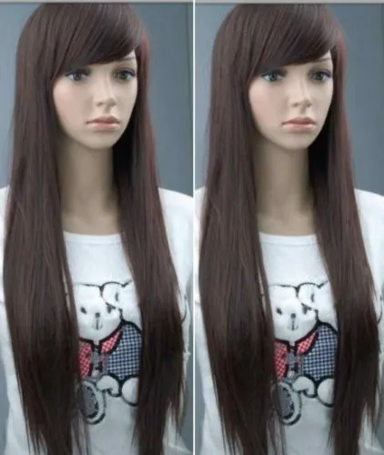 Fashion New longue perruque droite brune foncée comme une perruque de cheveux humains 70-75cm