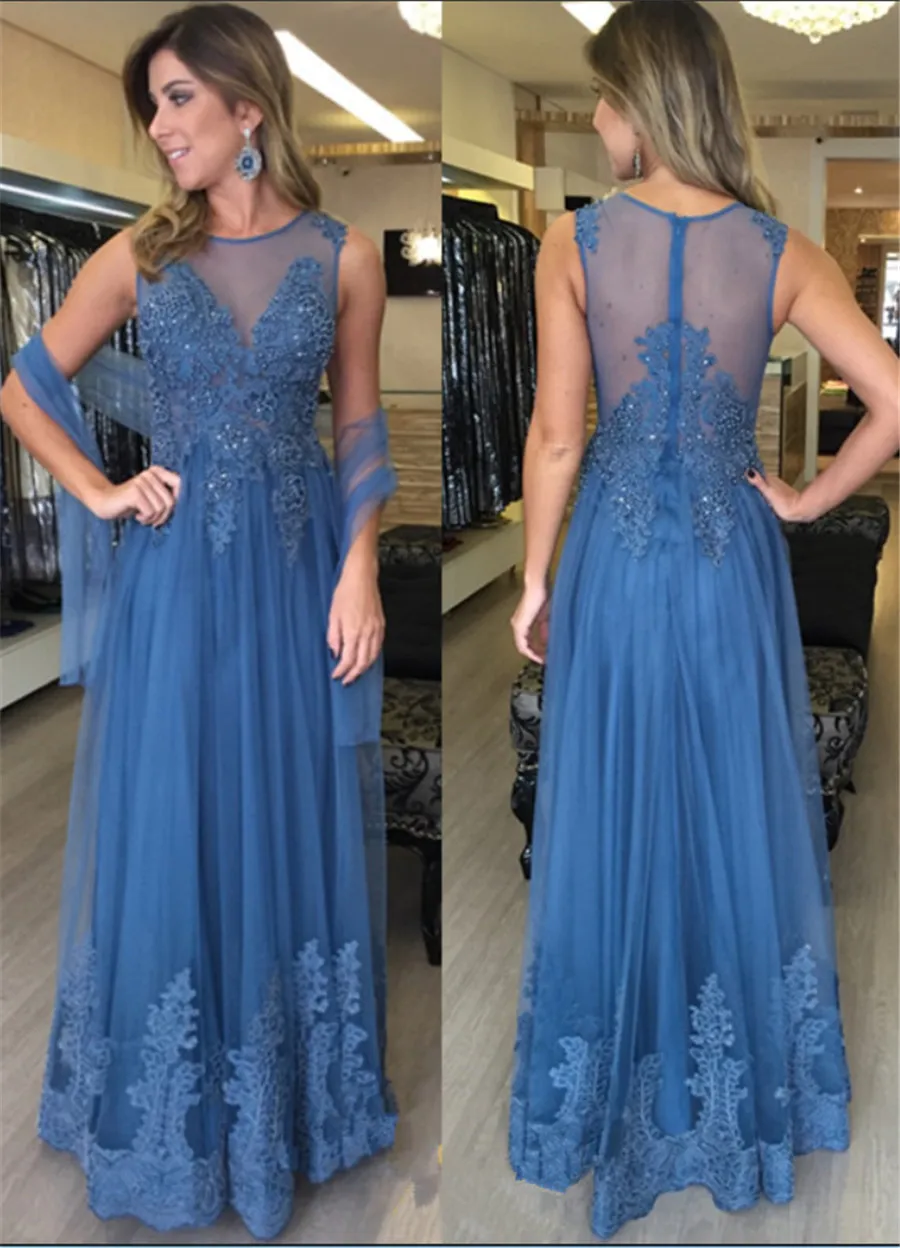 Sans manches bleu tulle appliques dentelle longue robe de bal avec wrap étage longueur pure robe de soirée cristaux