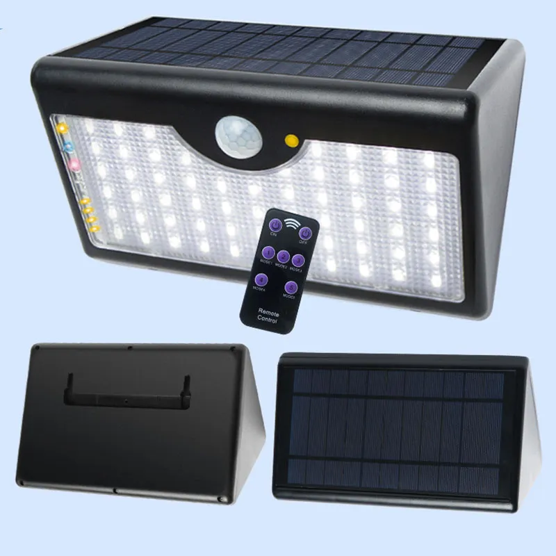 Zonne -lampen PIR Bewegingssensor Buitenwandlicht Waterprof 60 LED 1300lm Signaalverlichting Toon 5 Werkmodusregeling Gebruik Remote Remote