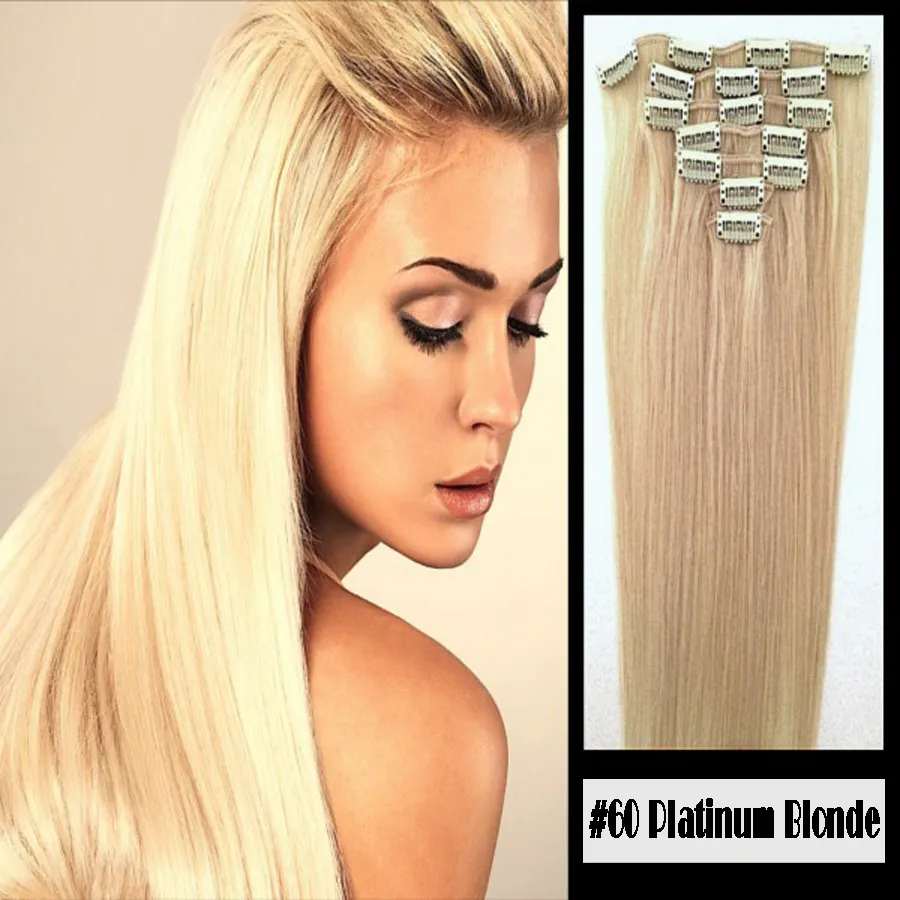 Klips w 100% Remy Human Hair Extensions # 60 Platinum Blonde 8 "-24" Klasa 8a Jakość Full Head 7PCS 16clips Krótki miękki jedwabisty prosty