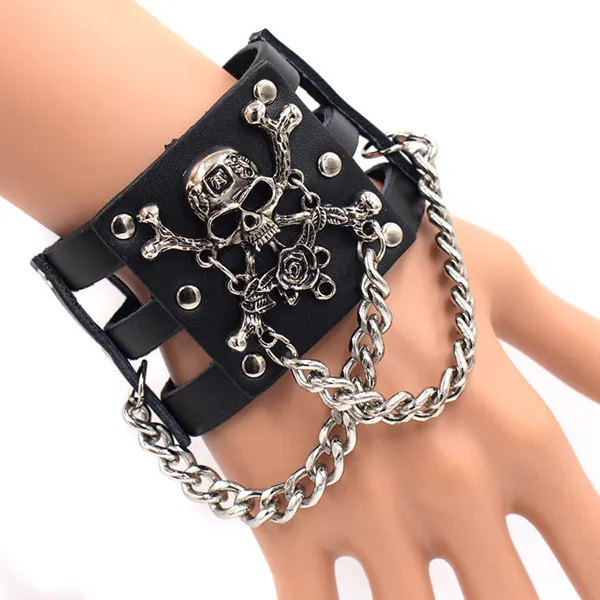 Punk hombres mujeres ancho cinturón de cuero genuino pulsera moda Rock Rose calavera brazalete pulsera negro