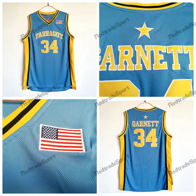 Męskie Vintage Kevin Garnett # 34 Farragut High School Koszykówka Koszulki Light Blue Hewed Shirts S-XXL