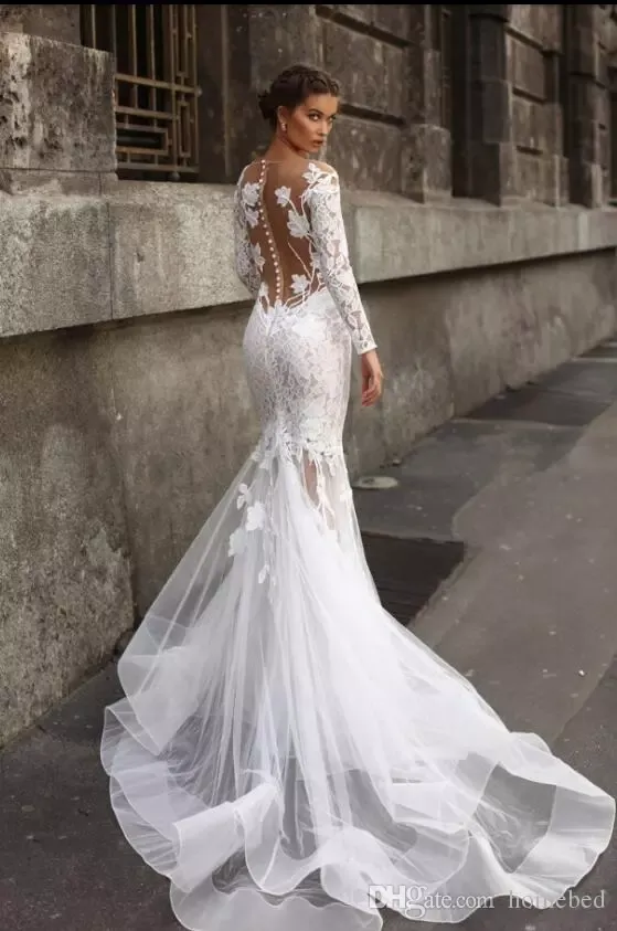 modest mermaid wedding dresses with sleeves Modest Scalloped Ivory Lace Mermaid Wedding Dress