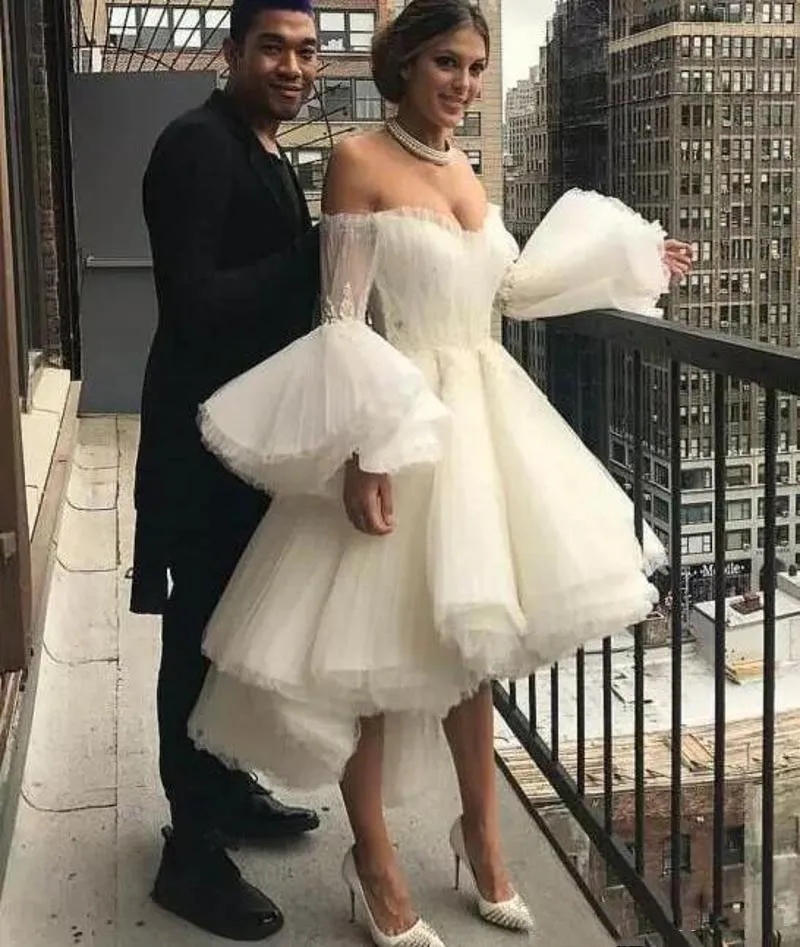 Ivory Short Wedding Dresses Off Shoulder Poet Tiered High Low Bloomingdales Wedding Dresses Back Zipper Custom Made Fashion Bridal Gowns With Lace Applique From Yateweddingdress 139.7 DHgate.Com