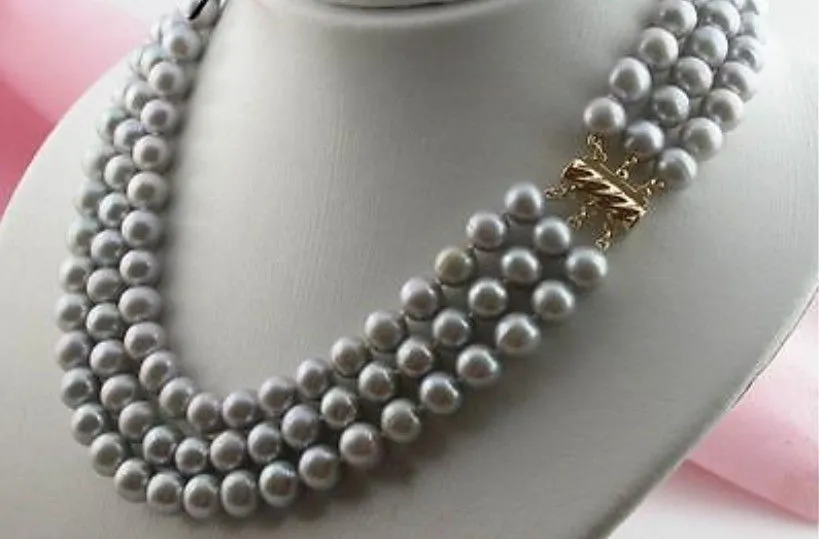 Ny 3 Row 8-9mm Tahitian Silver Grey Pearl Necklace 16-18 "