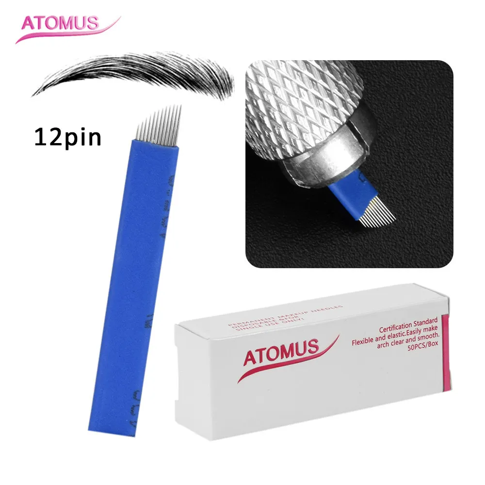 50 stks Blauw 12 Pin 0.2mm Permanente Make-up Handleiding Wenkbrauw Tattoo Naalden Blade voor 3D Borduurwerk Microblading Tattoo Pen Machine