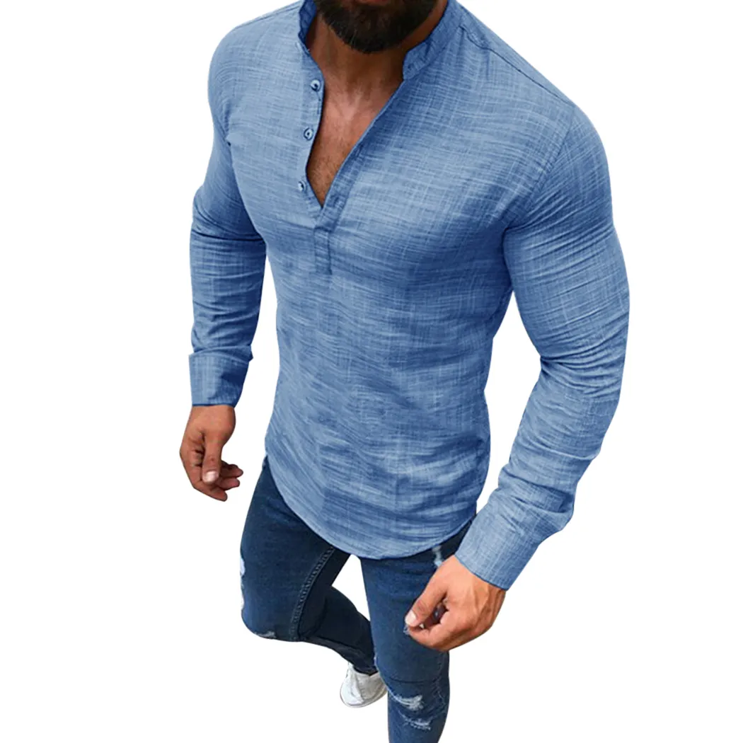 2018 katoen linnen heren zomer shirt tops casual los v-hals lange mouw mannen effen kleur plus size shirts chemise homme