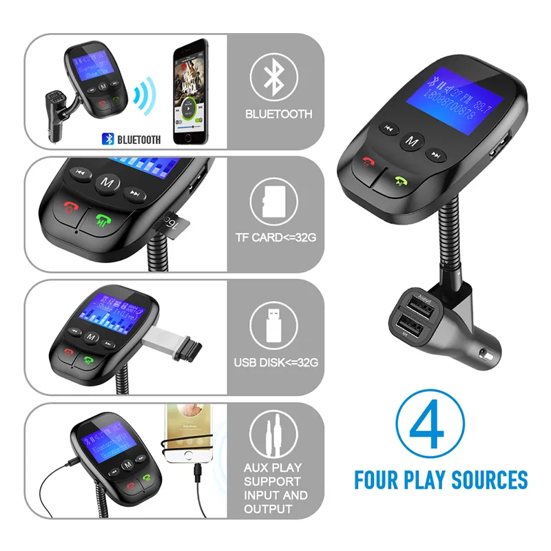Bluetooth Car FM Transmitter With Dual Usb To Aux Adapter Chargers
