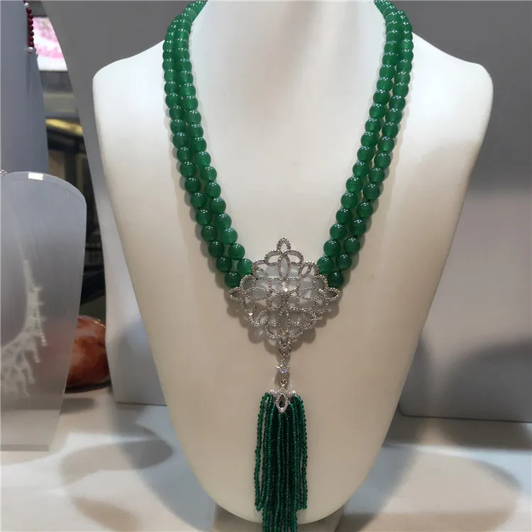 Women's fashion natural 2rows green jade micro inlay zircon clasp tassel necklace fashion jewelry