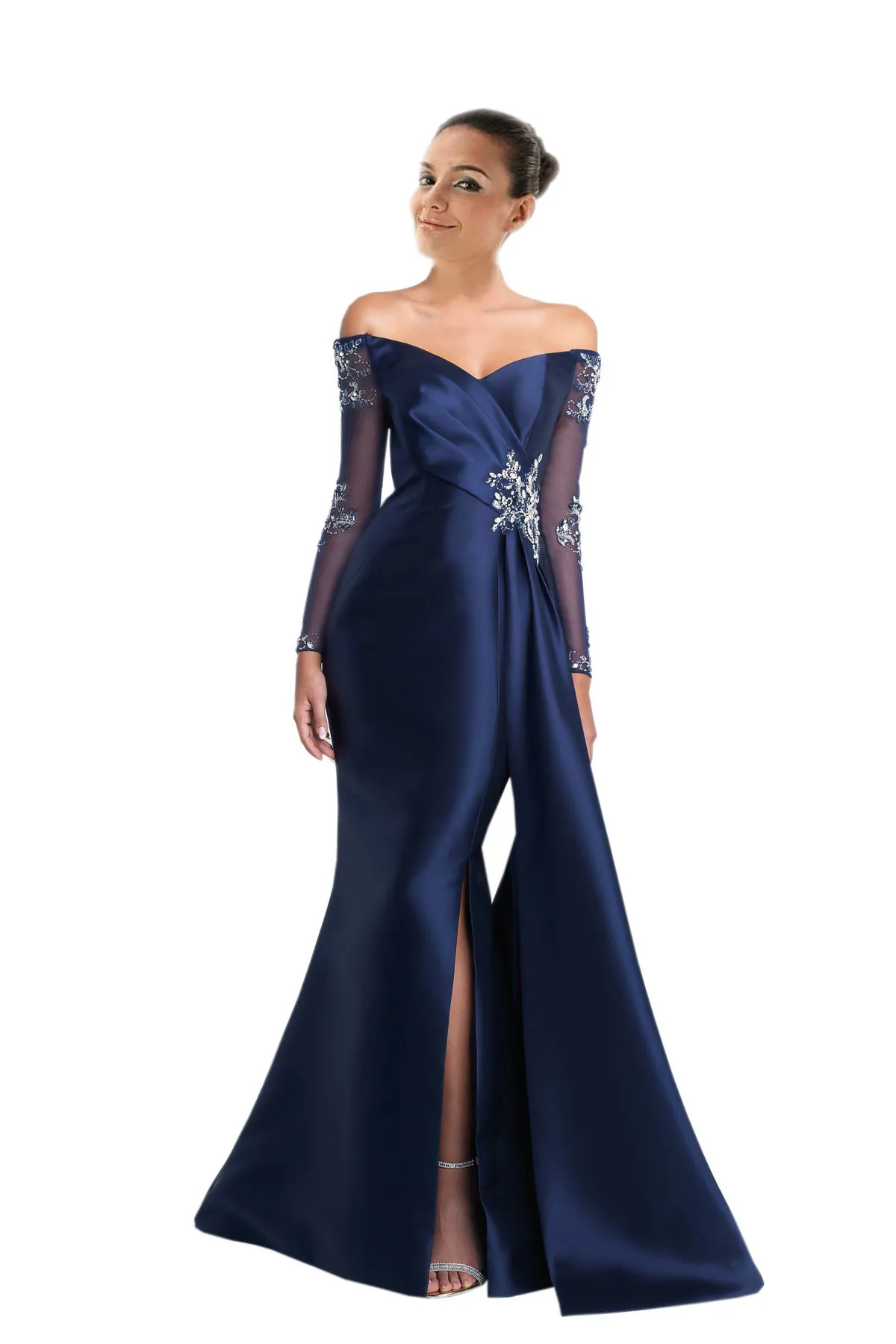 Lange mouwen Off Shoulder Avondjurken Formele Jurken Elegante Designer Illusion Crystal Beaded Goedkope Lange Slits Prom Pageant Jurkjurken