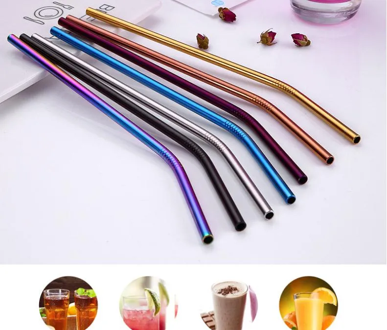 Paille à boire colorée en acier inoxydable, 21.5cm, droites et courbées, réutilisables, accessoire de Bar pour jus de fruit, SN034