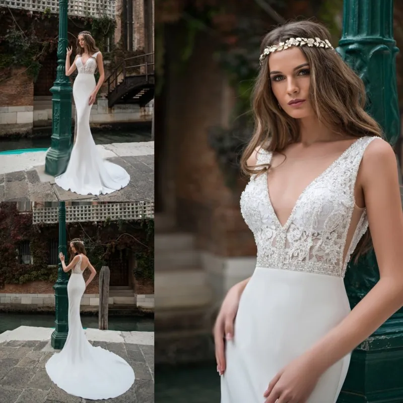 Pentelei 2018 Bröllopsklänning Högkvalitativ satin med spets Applique Beaded Wedding Dresses Mermaid Sweep Train Backless Bridal Gowns