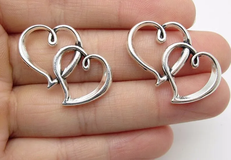 100Pcs alloy double Heart Charms Antique silver Charms Pendant For necklace Jewelry Making findings 30x18mm