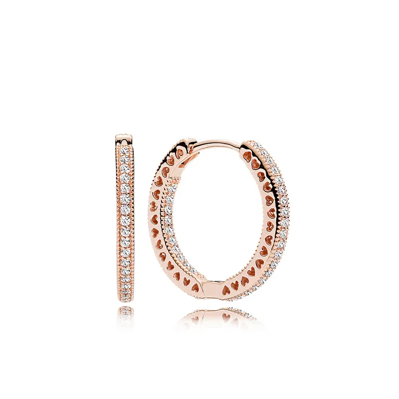 100% 925 Silver 18K Rose Gold Plated Hoop Earring med Clear CZ Stone Original Box för Pandora Smycken Kvinnors julklapp