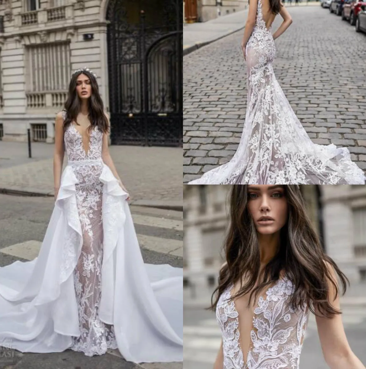 Julie Vino 2019 Mermaid Lace Bröllopsklänning med Overskirts V Neck Backless Bridal Gowns Custom Vestido de NoviaAppliqued Bröllopsklänningar