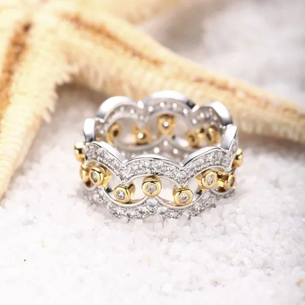2018 Neuankömmling Atemberaubender Luxusschmuck 925 Sterling Silber Gold 5A Zirkonia Diamant Damen Ehering Brautring Set Geschenk
