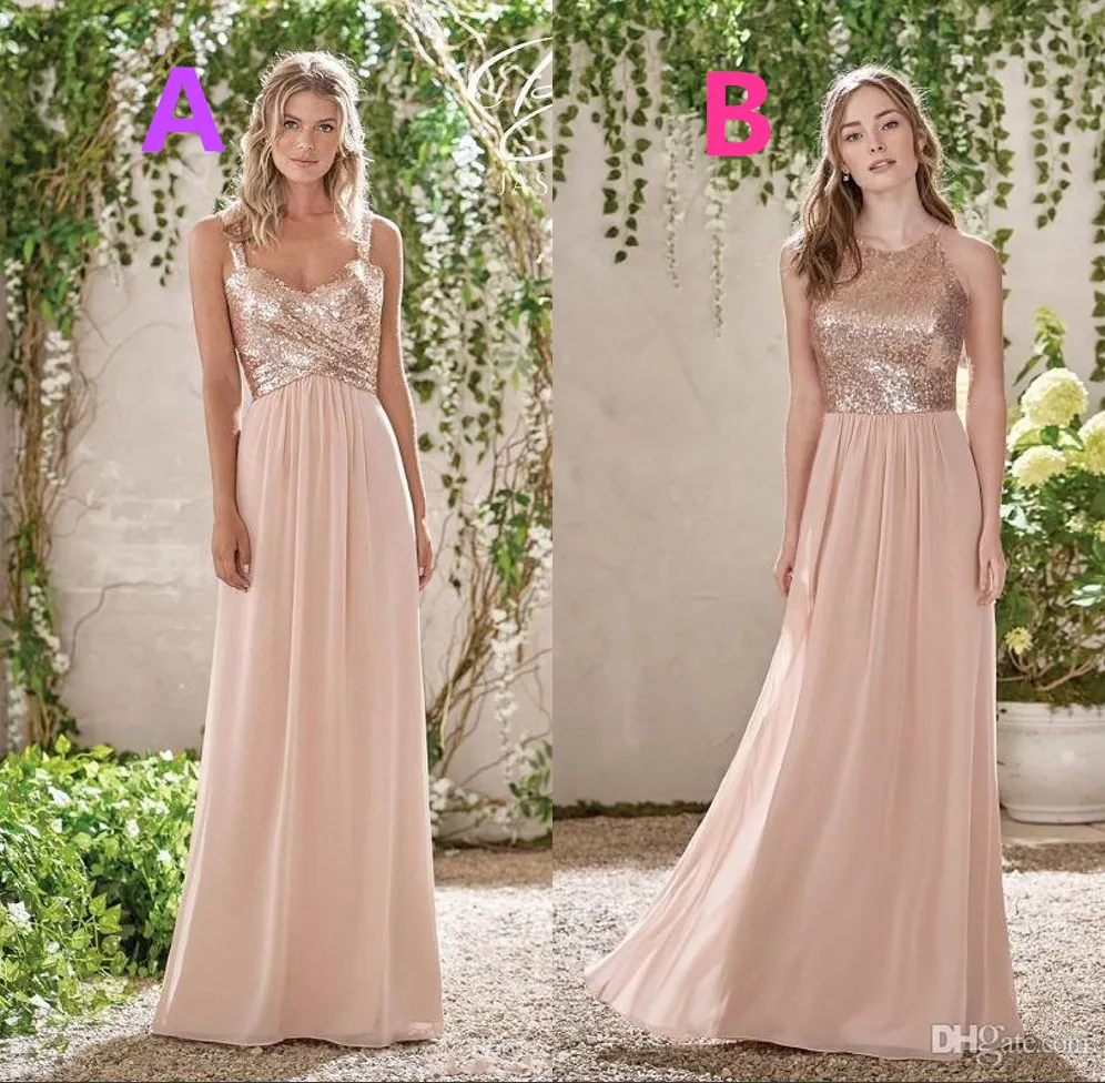 Funkelndes Roségold-Pailletten-Brautjungfernkleid, langes Chiffon-Neckholder-Kleid in A-Linie, Träger, Rüschen, Perlenrosa, Trauzeugin-Kleid für Hochzeitsgäste