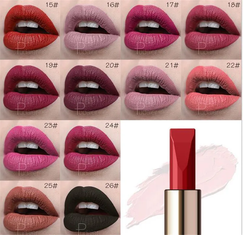 Pudaier 26 cores Lips Velvet Sexy Red Lip Matte batom batons Up Beauty Matte Cosmetic batom gloss DHL transporte livre