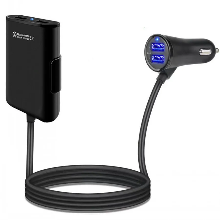 4 puertos USB Cargador rápido Carga rápida QC 3.0 Cargador de coche Adaptador rápido USB universal con cable de extensión para iphone Samsung Smartphone
