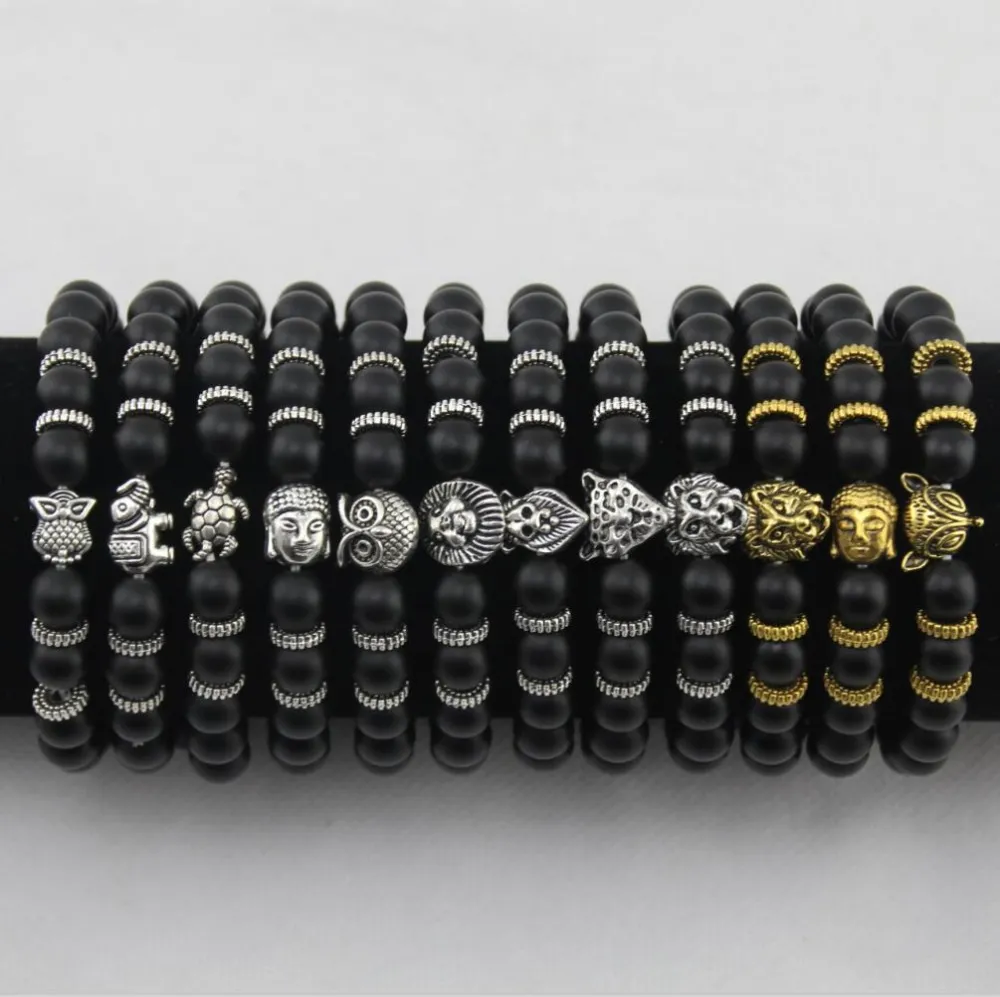 Mens Bracelets 고급 보석 여성 Matt Stone Bead 팔찌 코끼리 표범 헤드 사자 머리 올빼미 거북이 매력 팔찌