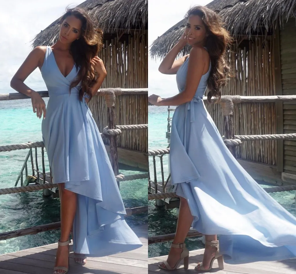 Light Sky Blue Chiffon Prom Dress V-Neck Asymmetrical Sleeveless A-Line  Evening Gown from Dhgate Prom Dresses - price 90.56