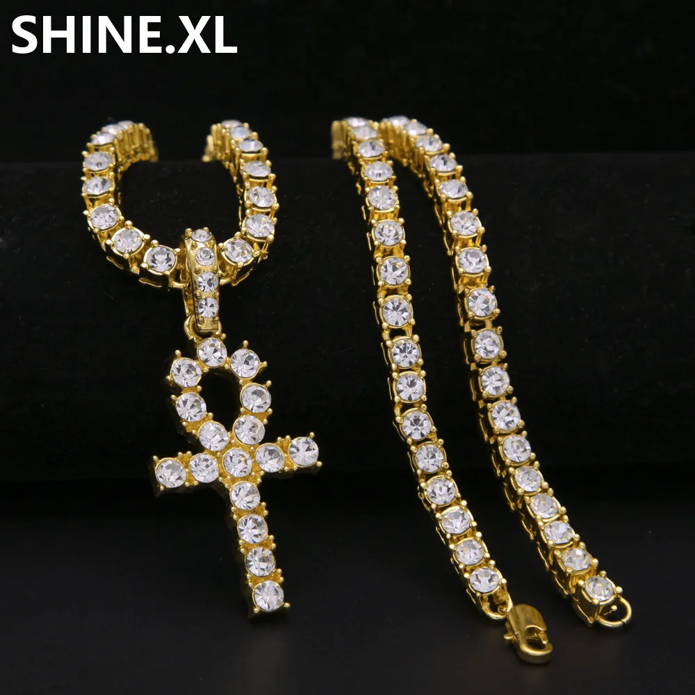 Mens Iced Out Hip Hop Gold Artificial Diamond Ankh Lab Diamond 1 Row Tennis Chain 24 Inch Bling Jewelry1551345