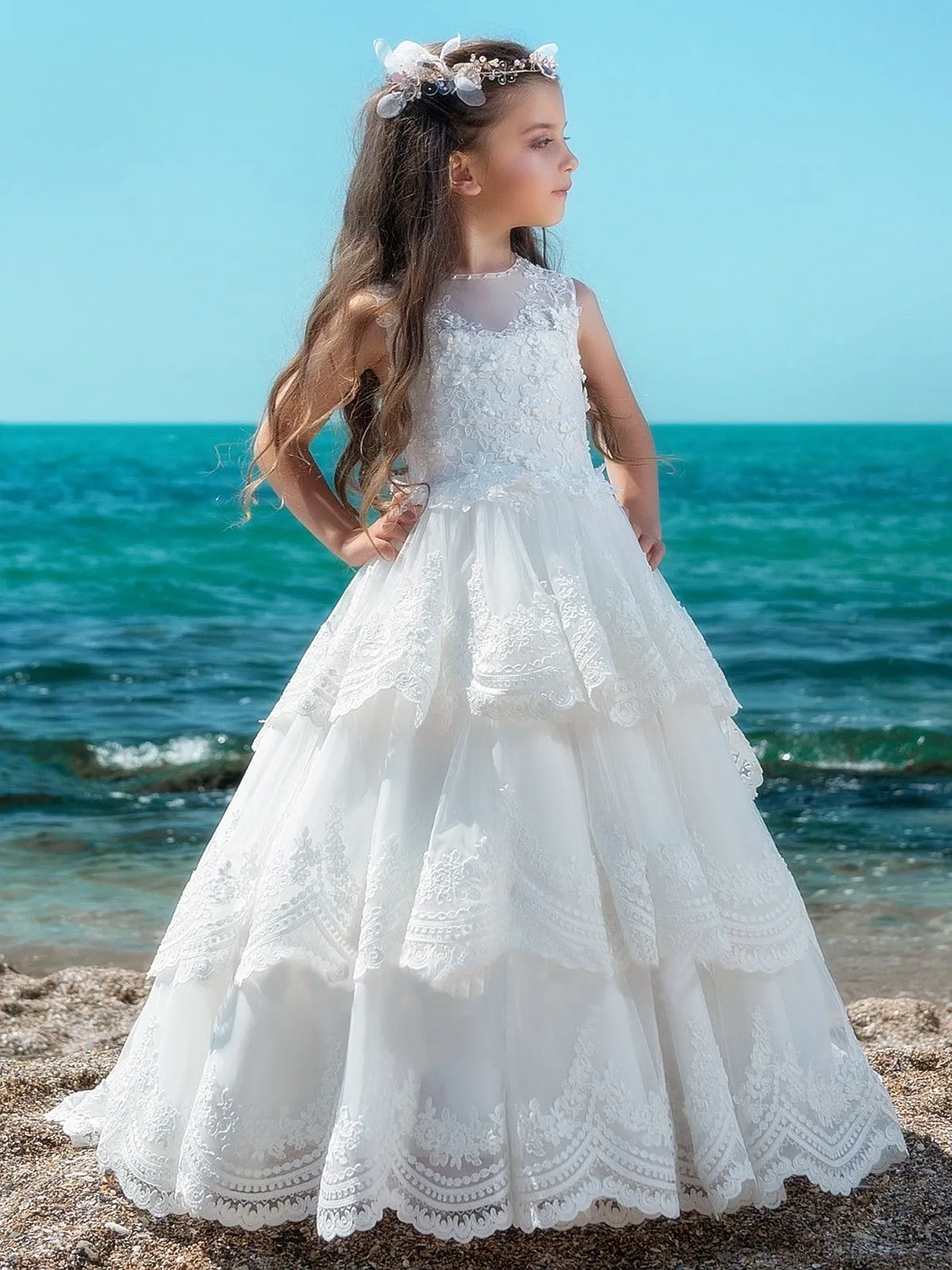 Angel Princess White Flower Girl Dresses With Champagne Lace Applique Arabic Girl Pageant Gowns Children Formal Party Dresses Cheap