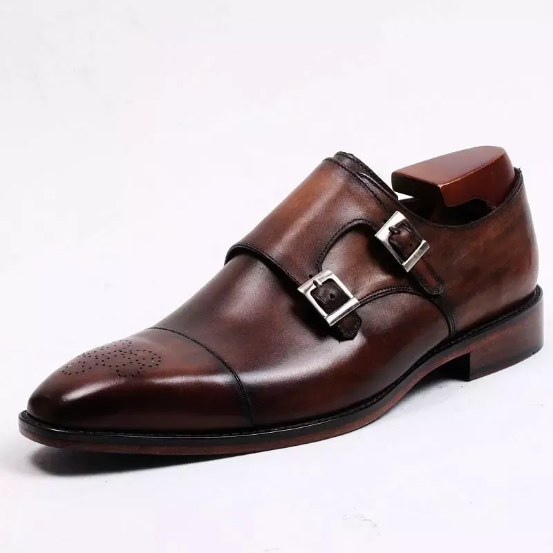Men's shoes, monk shoes, men's shoes, custom handmade leather, brown, brown, double buckle HD-058