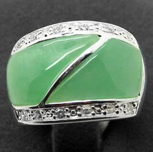 Spedizione gratuita Naturale Giada Verde 22X16mm Argento Marcasite Anello Misura 7/8/9/10