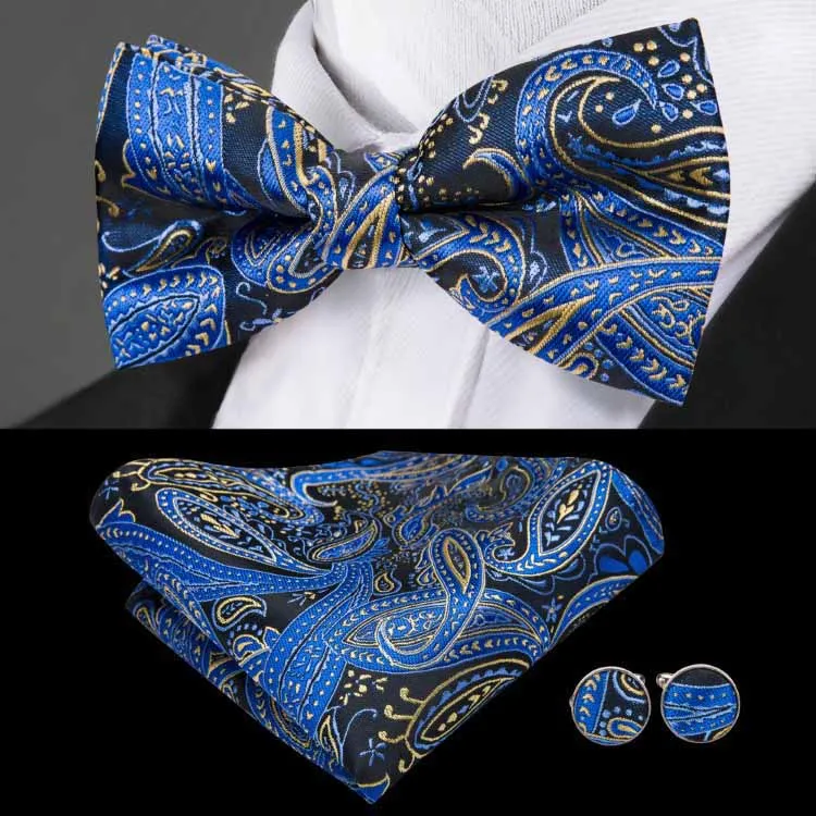 Livraison rapide Necktie Navy Blues Paisley Jacquard Ensemble de nœuds d'arc de soie tissé Standard Standard Livré Livré Hommes Accessoires LH-0724