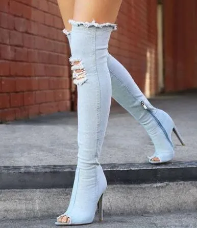 2018 Denim Jeans Peep Toe Women Thigh High Boots Sexy Cutout High Heels Gladiator Sandals Summer Boots Over Knee Motorcycle Boots