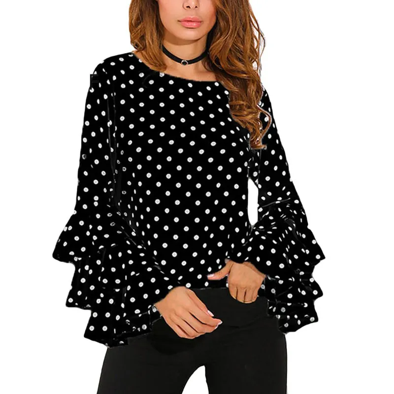 Kvinnor polka dot ruffle blouses plus storlek 3xl 4xl 5xl toppar långa ärmar o-nacke elegant damer casual kontorskjorta kvinnliga tunika