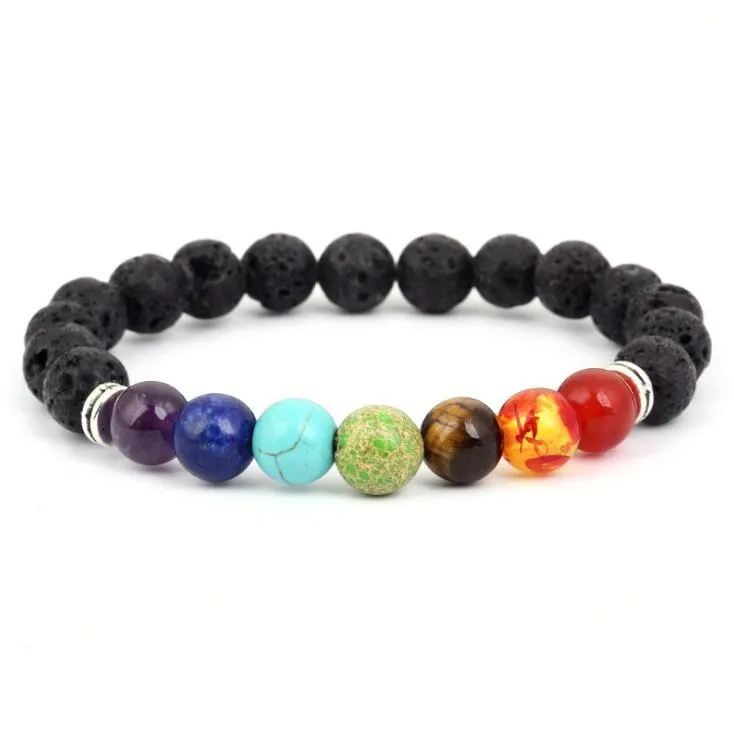 Pulsera de cuentas de piedra de Lava negra Natural, brazaletes de piedra de 7 colores elásticos, pulsera de pareja con cuentas de roca volcánica, cuerdas de mano