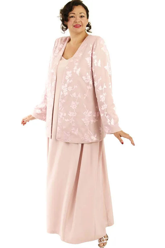 Robes de mère de la mariée rose grande taille avec veste en dentelle satin mousseline de soie appliques deux pièces robes de soirée élégantes robe de bal tenue de soirée