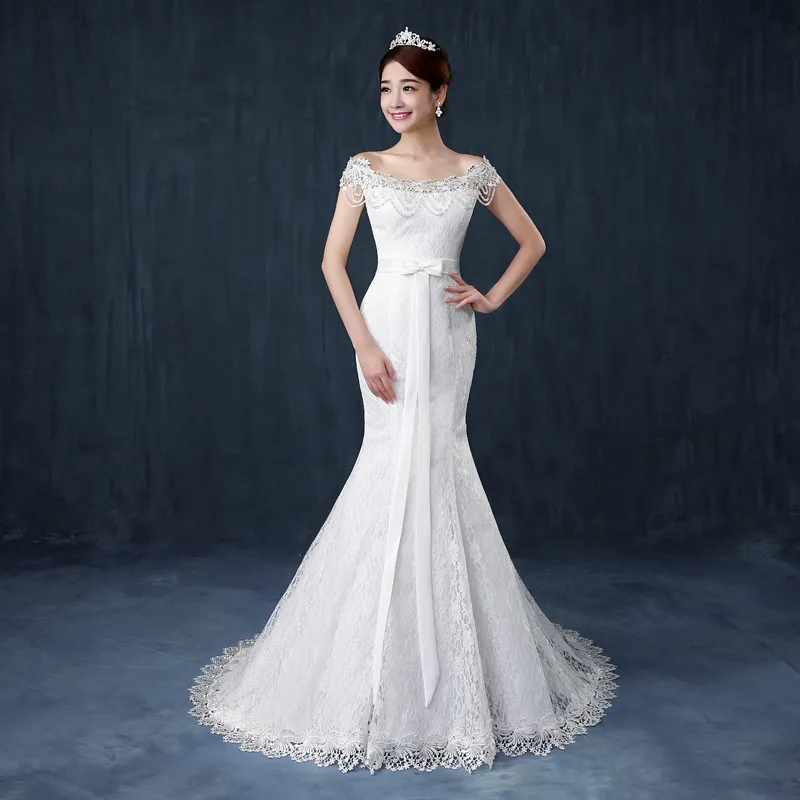 Free shipping High-grade Mermaid court train 2018 New Design White Lace Princess Bead Wedding Frocks Bridal Ball Gowns Wedding