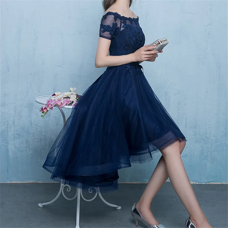 Marineblaues Cocktailkleid aus High-Lo-Tüll mit Applikationen, kurzen Ärmeln, Hellgrau, Schwarz, Burgunderrot, Partykleider, günstig, für besondere Anlässe, dre262s