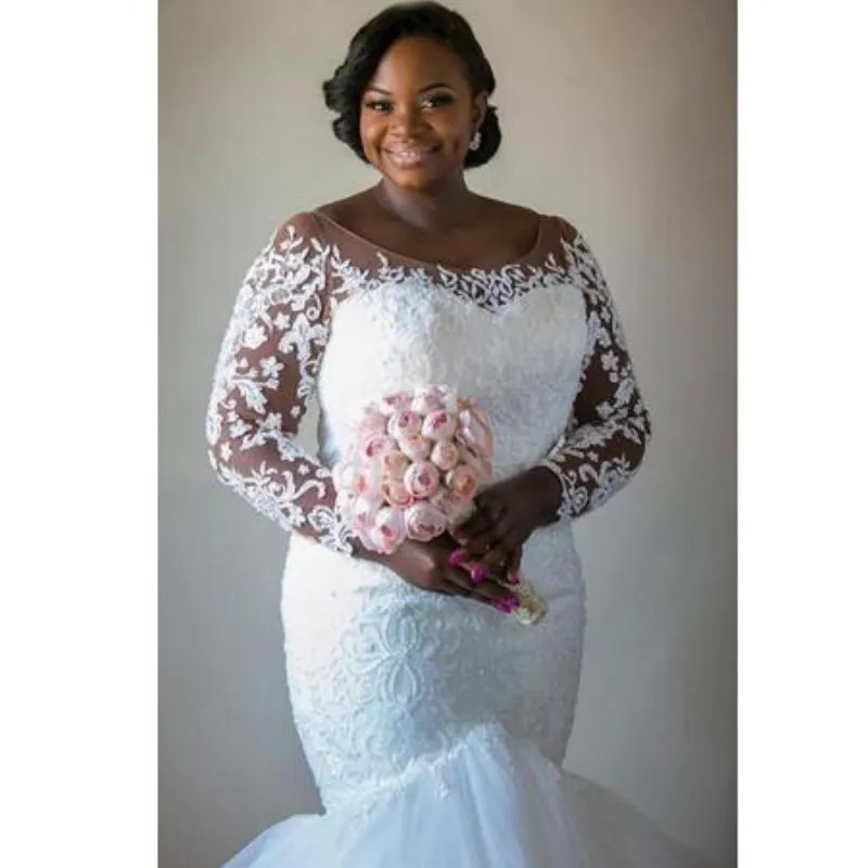 Plus storlek sjöjungfru bröllopsklänningar sheer neck långärmad spets appliqued brudklänningar charmiga sydafrikanska fluffiga tiered bröllopsklänningar