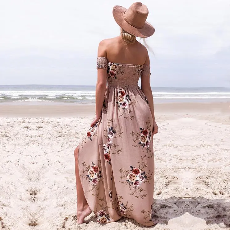 Boho style off shoulder beach summer dress for women Floral print polyester  maxi dress from Dhgate Basic & Casual Dresses - price 44.73