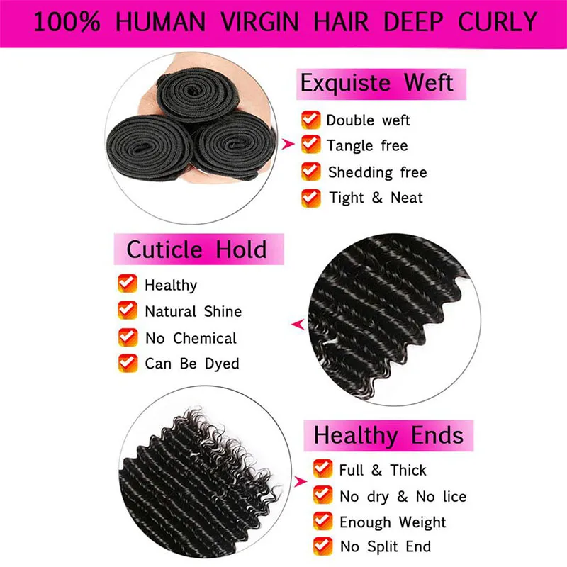 Brazilian Deep Wave Human Hair 3 Bundles with Closure Free Middle 3 Part Double Weft Virgin Human Hair Weave Extensions With Lace Closure