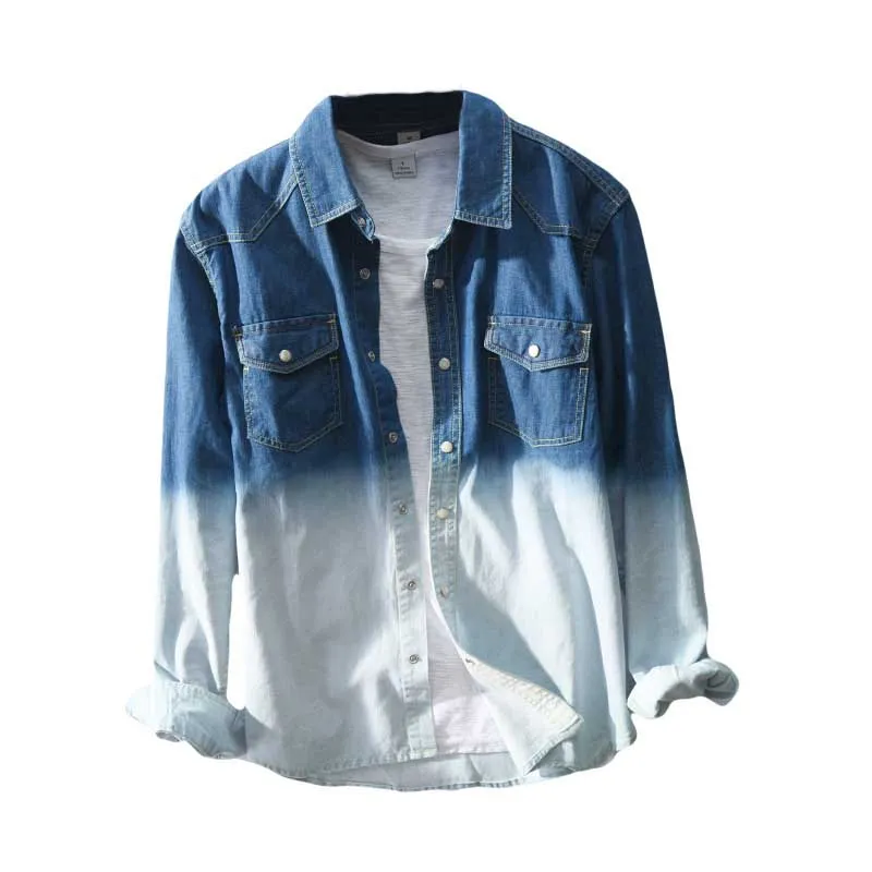 Camicia casual a maniche lunghe retrò primavera estate colore sfumato camicia da uomo slim in denim camicette di jeans in cotone abiti maschili coreani