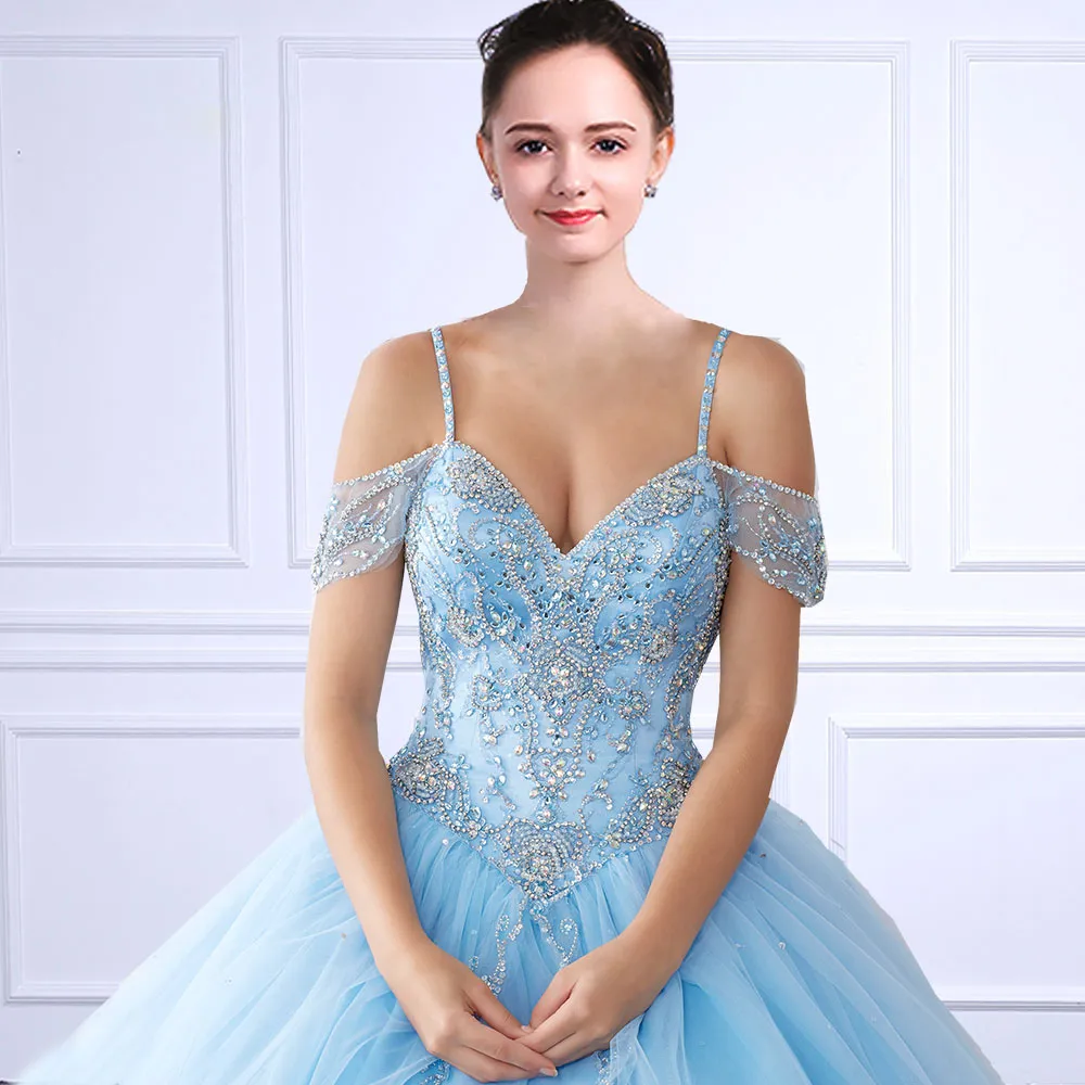 Fashion Sky Blue Quinceanera Dresses vestidos de 15 anos Tulle Ball Gown Crystals Beaded Pink Sweet 16 Dresses Debutante Masquerade Gowns