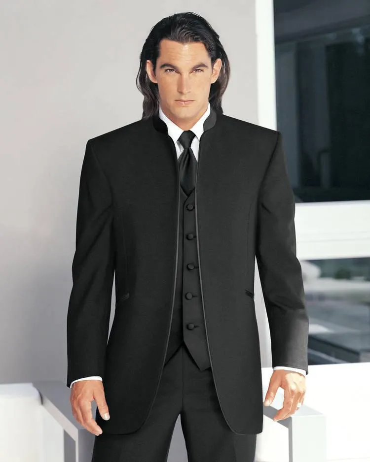 Wysokiej jakości Black Groom Tuxedos Groomsmen Stojak Kołnierz Best Man Blazer Mens Garnitury ślubne (kurtka + spodnie + kamizelka + krawat) H: 726