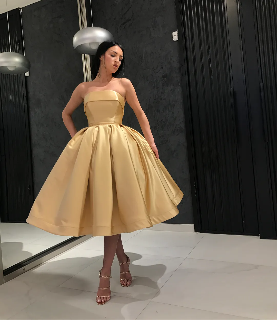 Gold Designer Ball Gown Gold Satin Prom Dress Strapless Backless